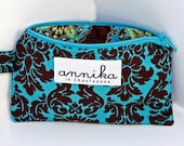 Zipper Pouch Coin Purse in Brown and Aqua Damask