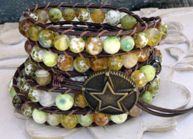 Moss Green Leather Wrap Bracelet - faceted agate gemstone beaded leather wrap - green bracelet - southwestern bohemian jewelry