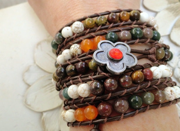 Earthy Leather Wrap Bracelet - chan luu inspired - bohemian wrap bracelet - neutral brown orange cream and green