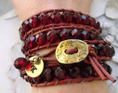 Custom Leather Wrap Bracelet - Birthstone Jewelry - beaded leather wrap - garnet red and gold - Handstamped personalized bracelet