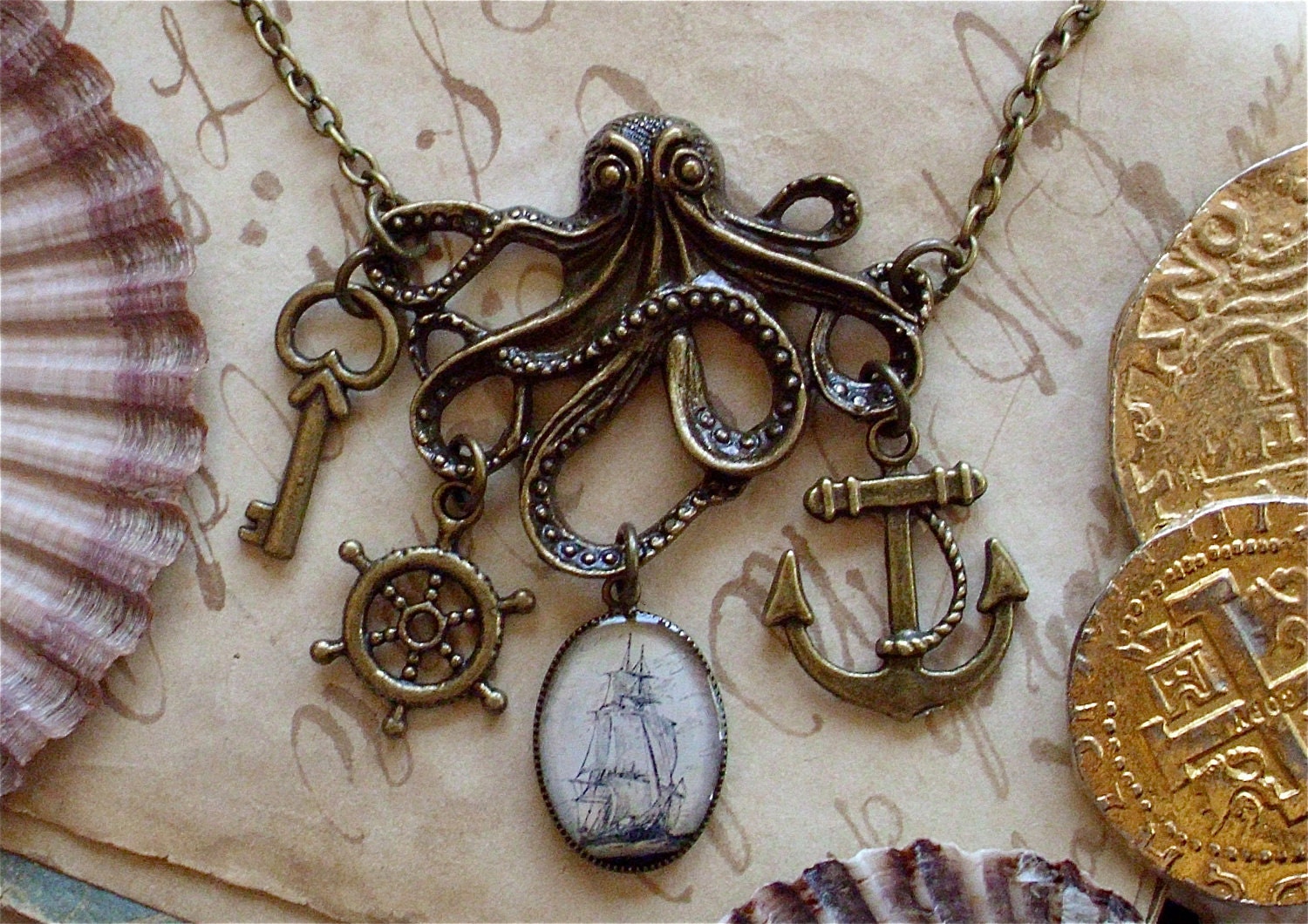 The Kraken In Brass - Octopus Necklace - Pirate Ship  Anchor  Captains Wheel  Treasure Key - Antique Nautical Print Statement Necklace