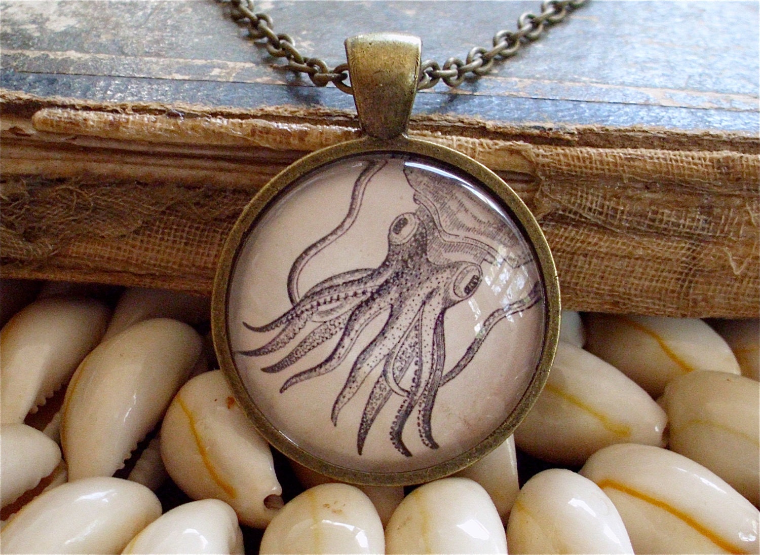 Octopus Necklace - Cuttlefish / Giant Squid Necklace - Antique Nautical Print Necklace w/ Chain in Brass - Pirate Jewelry