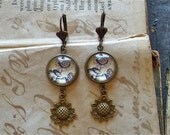 Sunflower Dangle Earrings - Antique Botanical Print Dangle Earrings in Brass