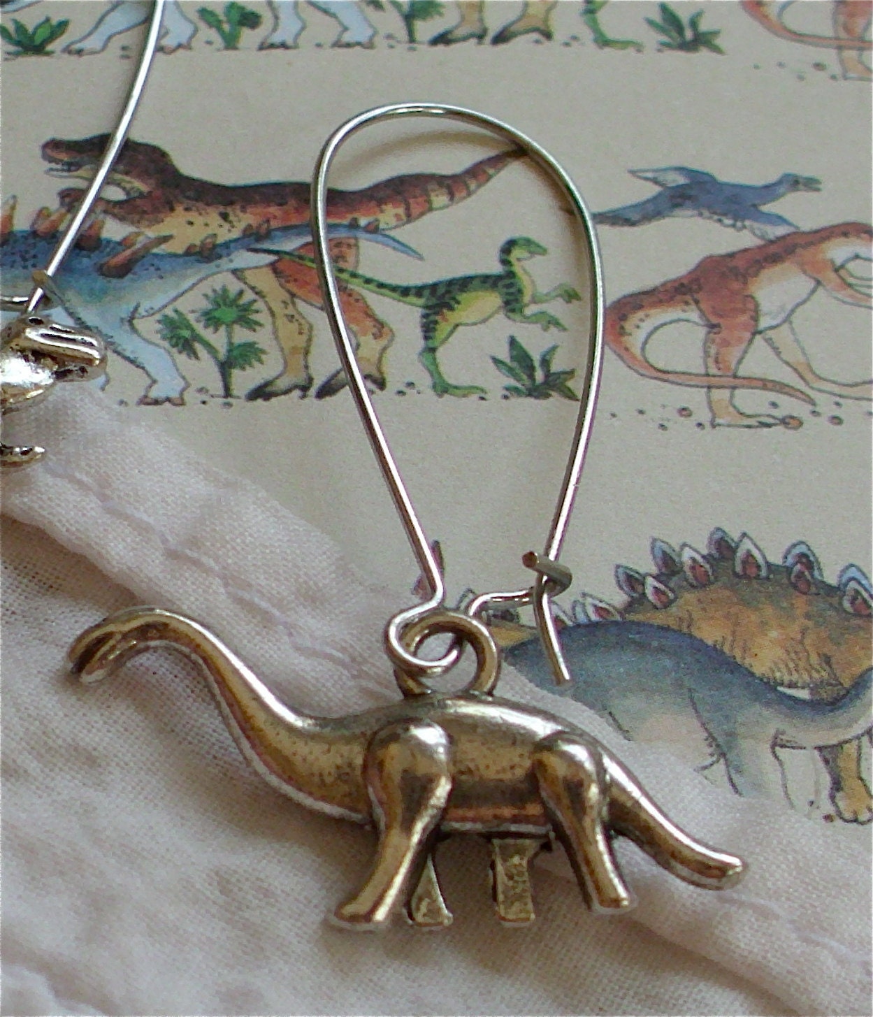 Dinosaur Earrings - Dino Dangle Earrings in Silver - Brontosaurus and Tyrannosaurus Rex / T Rex