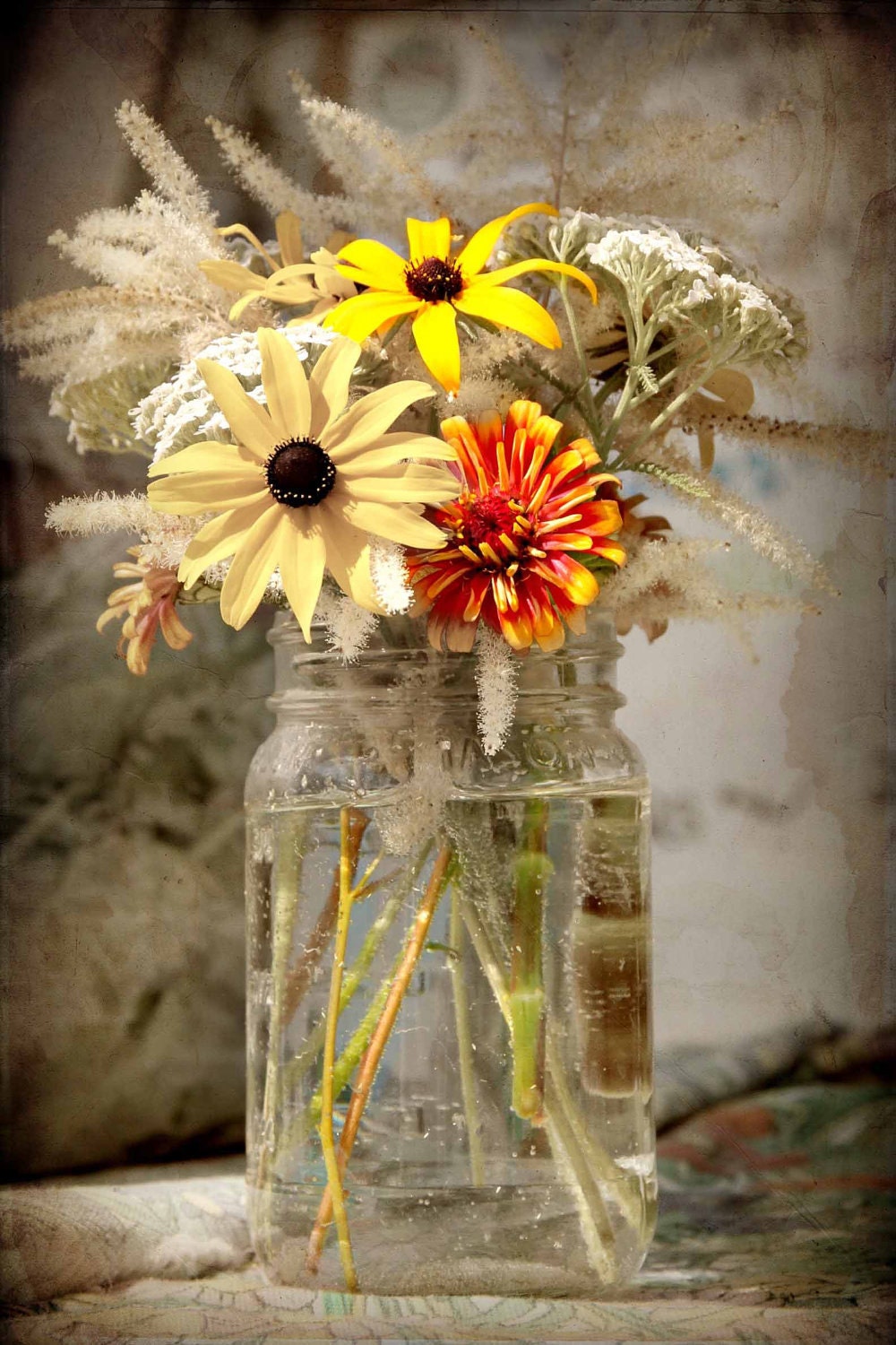 Farmers Market Field Flowers Mason Jar Simple Rustic Vintage Garden Farmhouse Decor Warm Simple Style Farm Country, 5 x 7 Fine Art Print