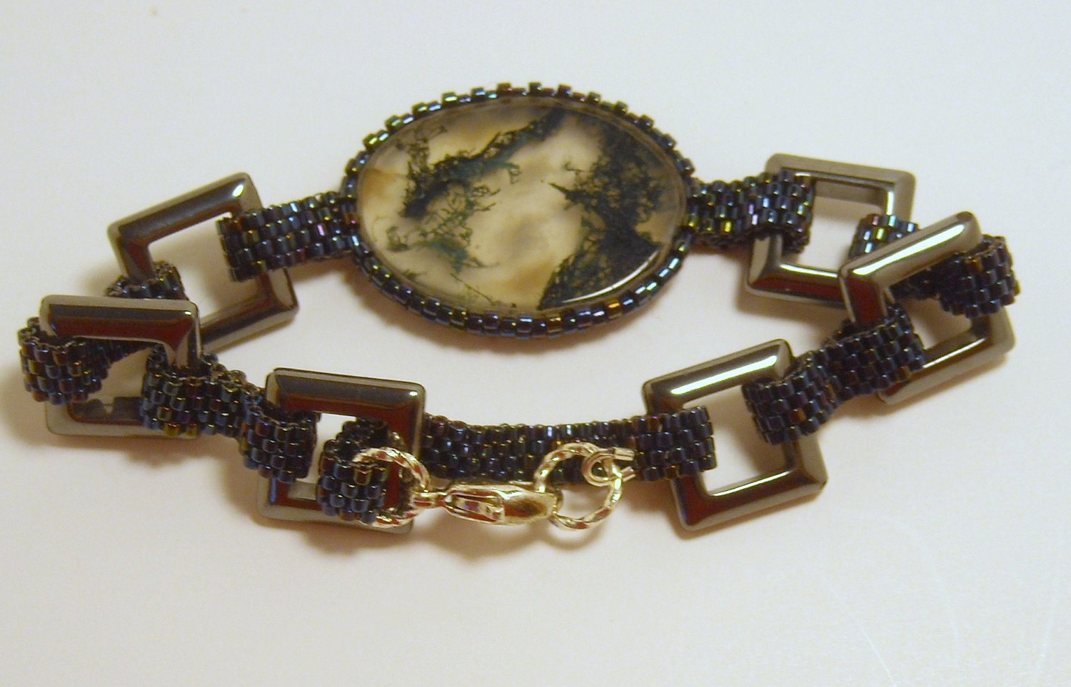 Beaded Cabochon Bracelet with Woven Links and Square Hematite