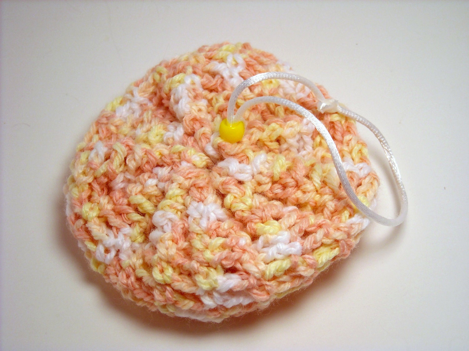 Soap Saver Scrubby Crocheted in Coral Yellow and White
