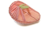 Geometric embroidered brooch pretty pink and mint green French vintage metal copper thread on hand dyed neon pink muslin