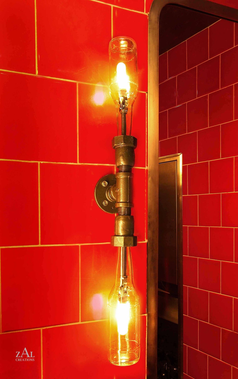 Vanity Lamp. Beer bottles, Plumbing pipe & fittings. Vanity light. Wall lamp. Bathroom Vanity Lighting Fixture