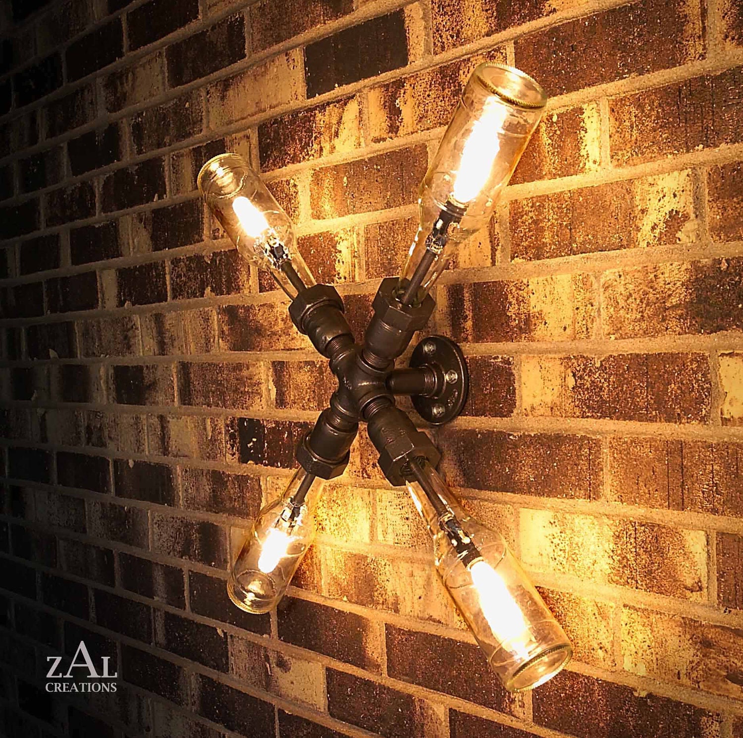 Wall Lamp. Beer bottles,  Plumbing pipe & fittings. Wall light.  Lighting Fixture. Ceiling lamp