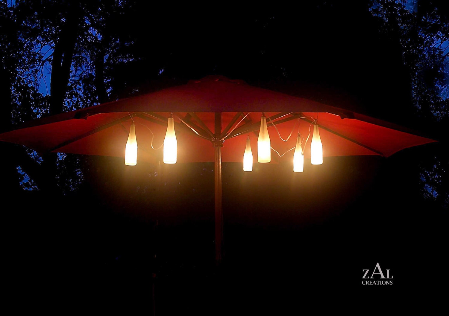 Umbrella lights. Accent lights. Six Beer bottles. String lights.