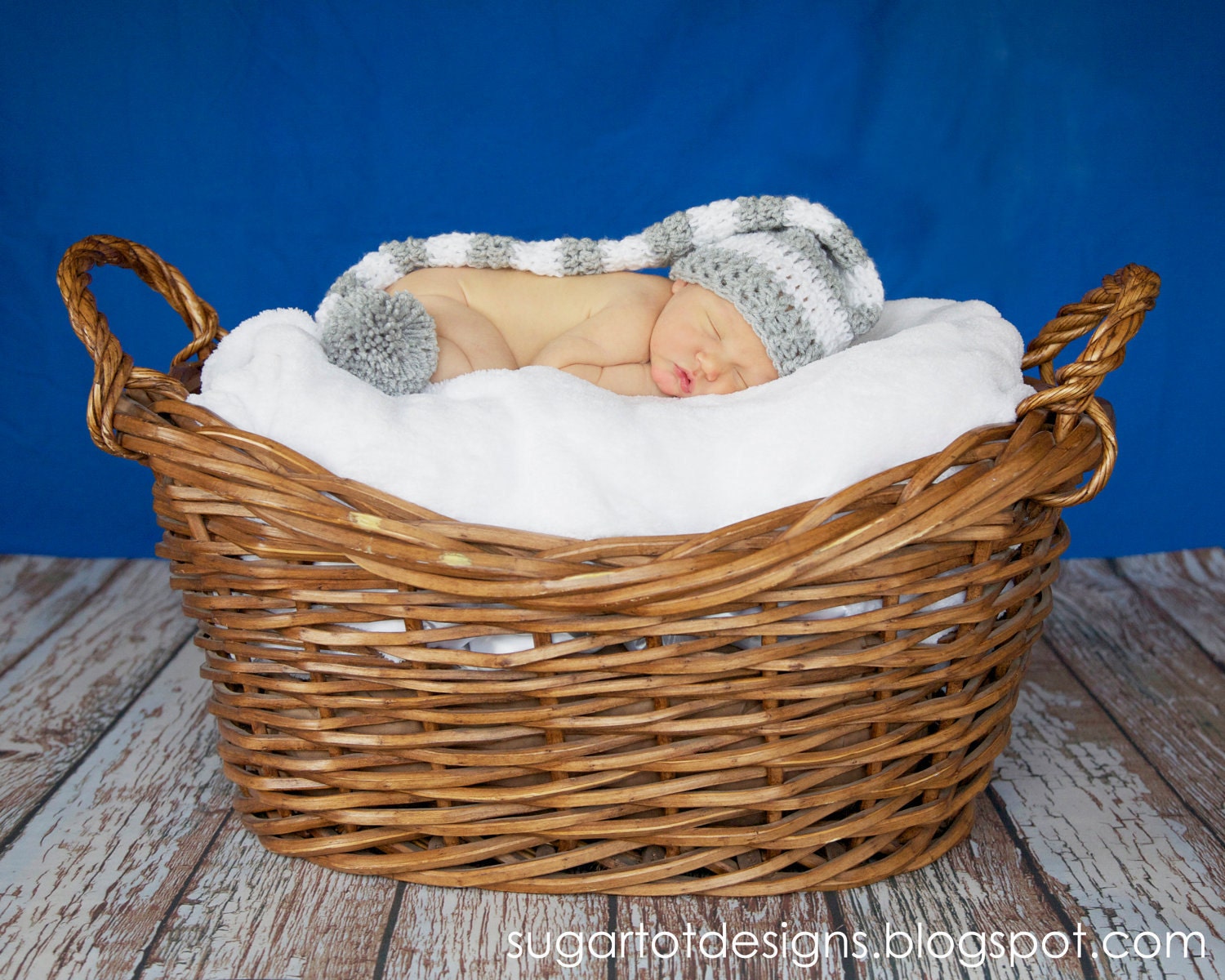 Grey and White Striped Crochet Baby Longtail Elf Hat - Photo Prop - made to order