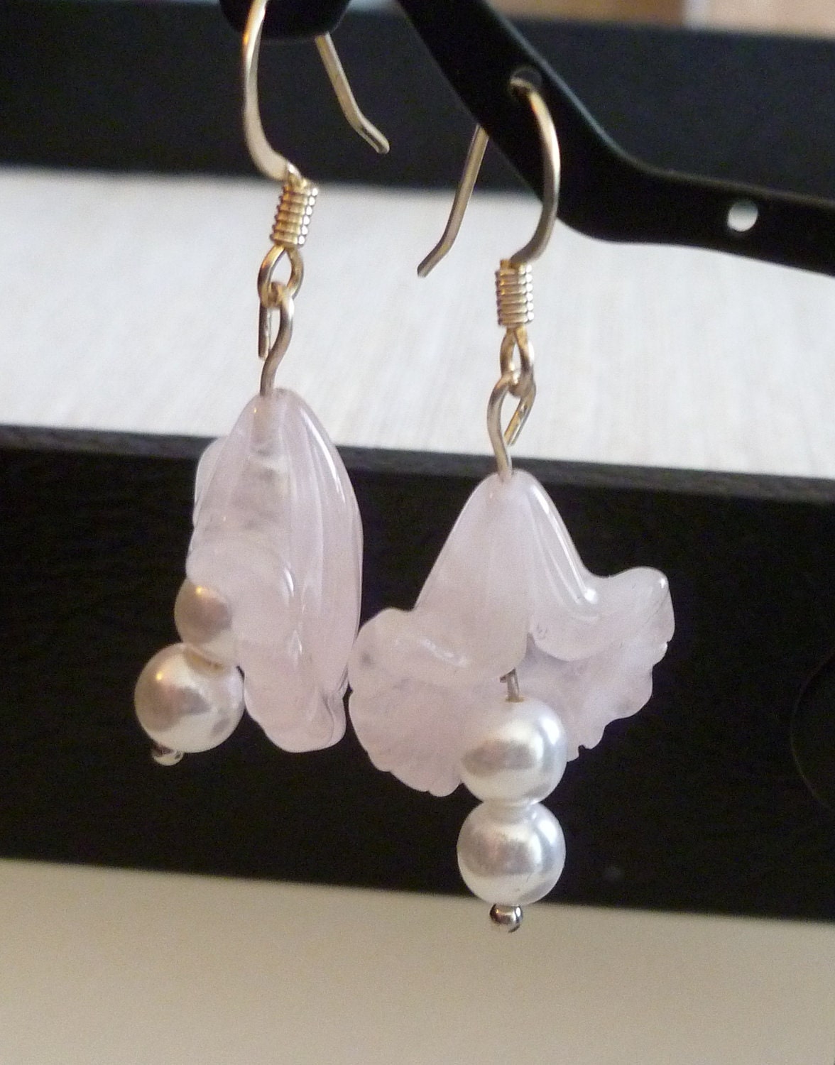Carved Flower Rose Quartz and Pearl Earrings