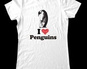 I Love (Heart) Penguins - Printed on Super Soft Cotton T-Shirts for Women and Men/Unisex