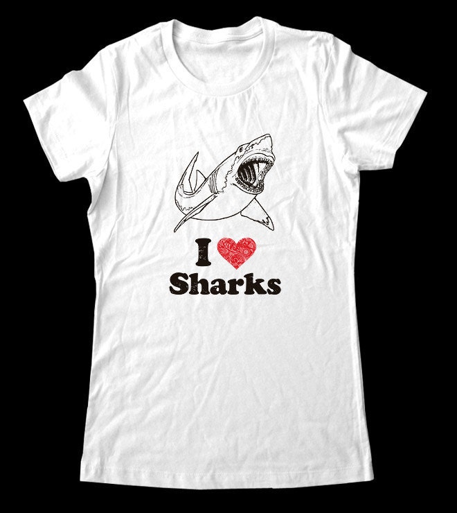 I Love (Heart) Sharks Tee Shirt - Printed on Super Soft Cotton T-Shirts for Women and Men/Unisex