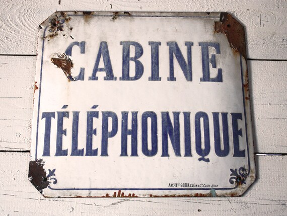 Original large Old French ENAMEL Street sign "CABINE TELEPHONIQUE"