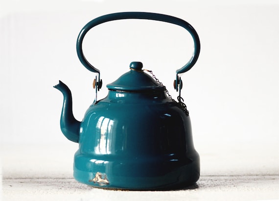 Beautiful Vintage FRENCH Petrol Bluel enamel Kettle