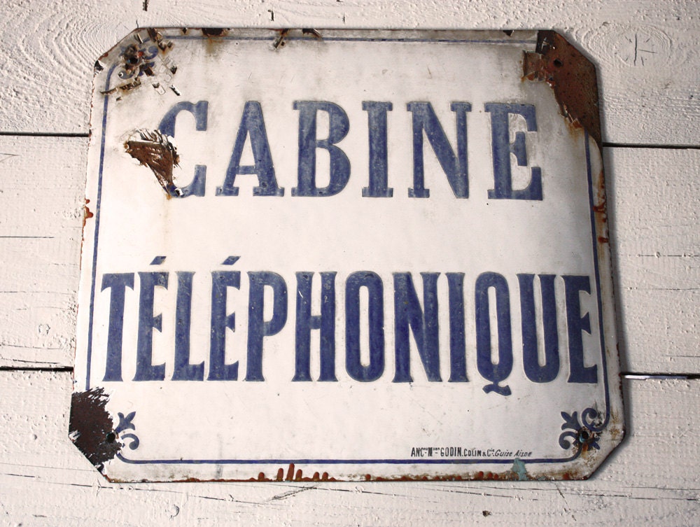Original large Old French ENAMEL Street sign "CABINE TELEPHONIQUE"