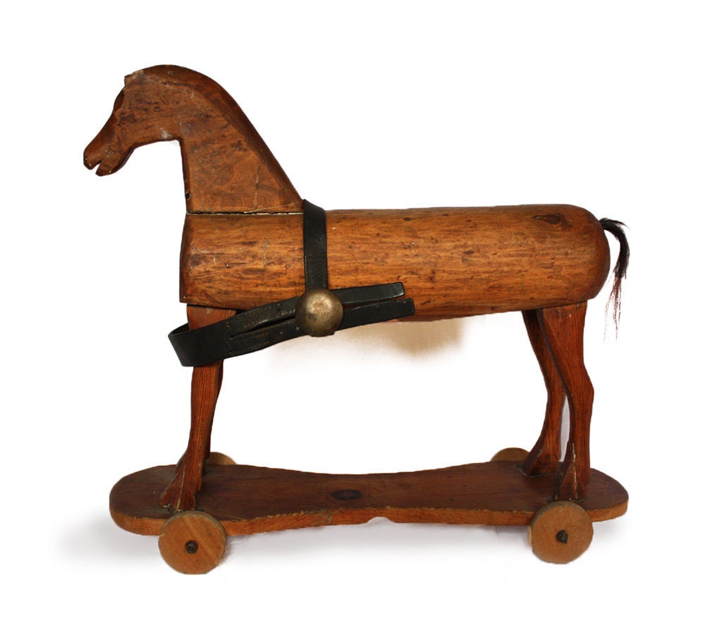 Antique Beautiful early 1800's primitive  FRENCH Wooden rolling Toy HORSE