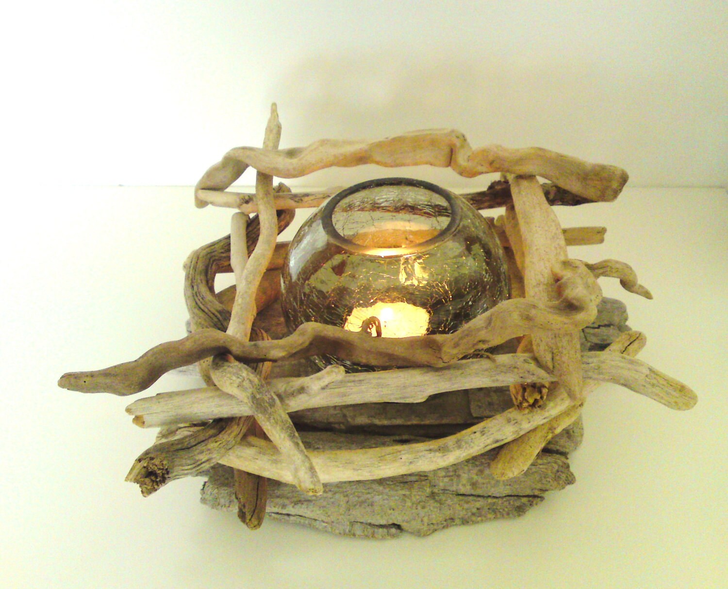 Driftwood Candle Holder  Wedding Centerpiece with grey ckrackle glass -  Ready to ship
