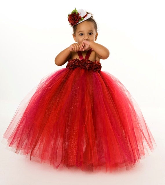 Tutu Dress - Holiday Christmas - Red & Burgundy - Radiant Red Poinsettia - 5-6 Youth Girl Il_570xn