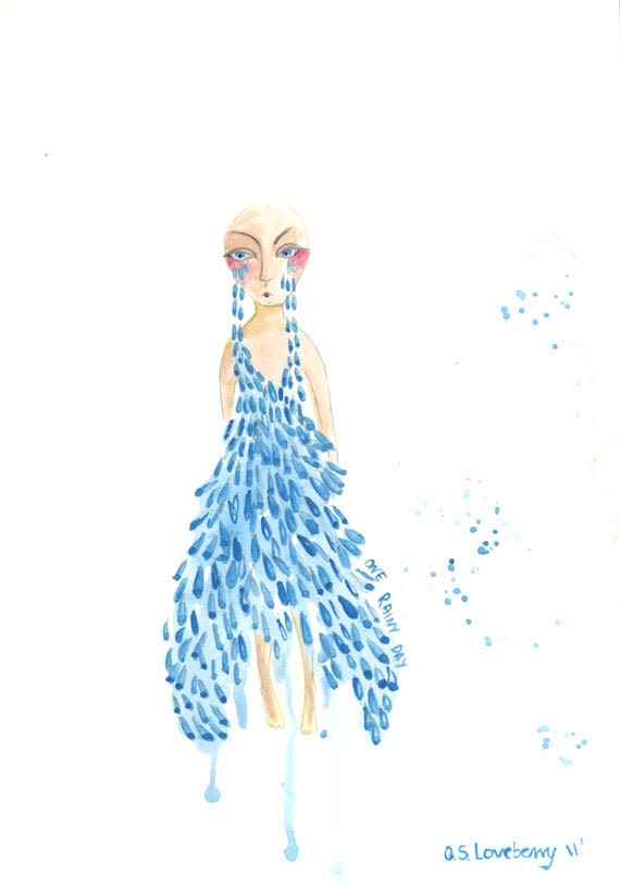 One Rainy Day -Surreal Illustration-Original Watercolor,signed,6'' x 8''