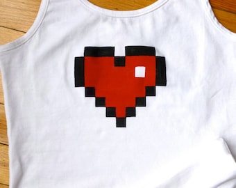 8-Bit Heart Pixel Hand-Printed Tank Top vest CUTE Video Game Shirt for Ladies Pima Cotton