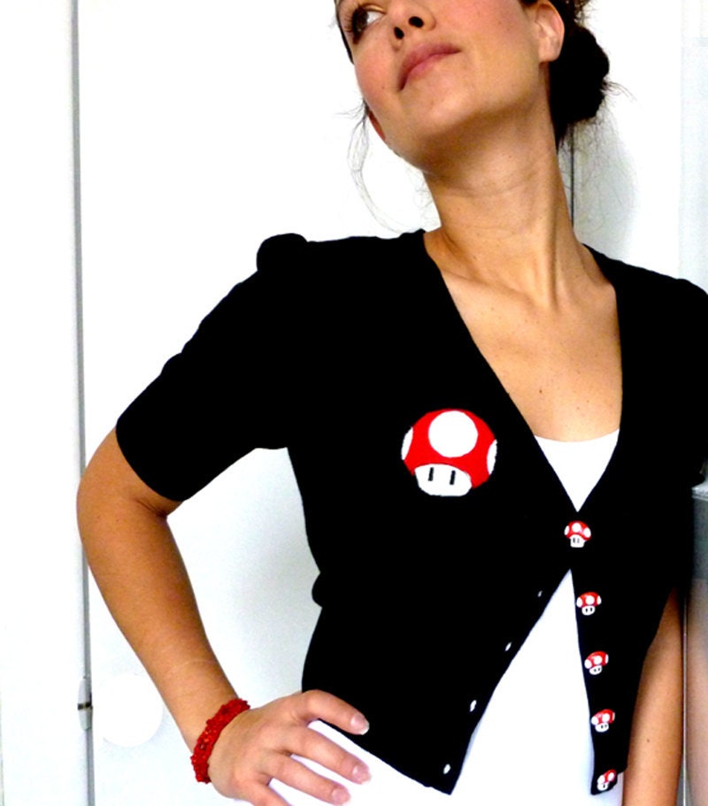 MARIO Inspired Cute Cardigan with Hand-made Applique and Hand-Made Mushroom Buttons