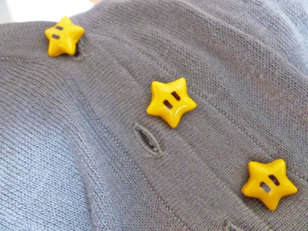 MARIO Inspired Cute Cardigan with Hand-made Applique and Hand-Made Invincibility Star Buttons