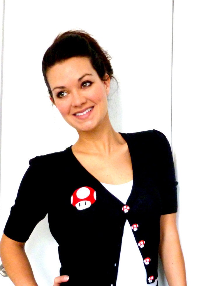 MARIO Inspired Cute Cardigan with Hand-made Applique and Hand-Made Mushroom Buttons