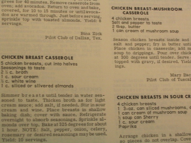 PILOT CLUB COOKBOOK, Vintage 1966, Casserole Favorites Including Salads
