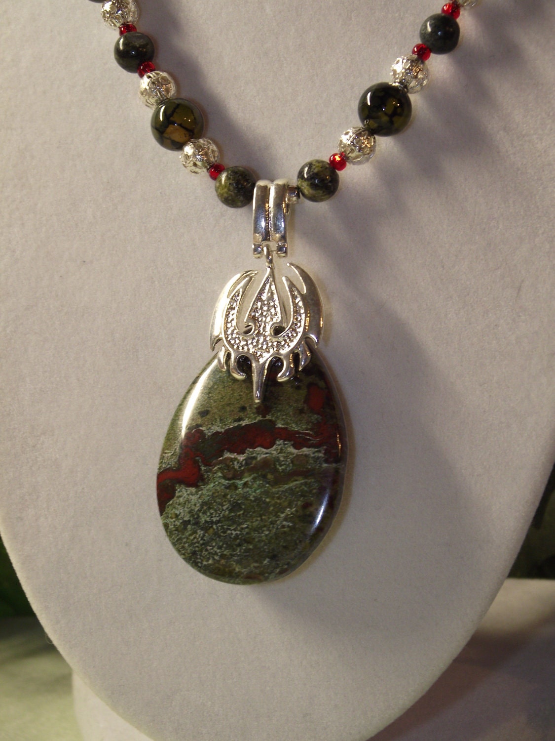 Dragons Blood Jasper Pendant, Silver, Dragons Veined Agate and Serpentine Beaded Necklace