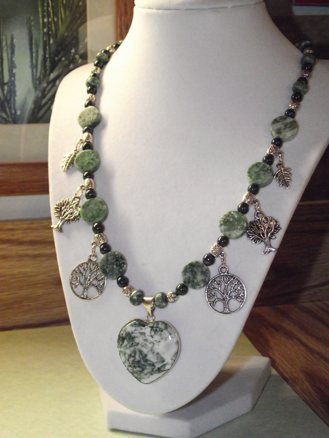 Tree Agate in 18K White Gold Pendant silver, malachite and Jasper Beaded Necklace