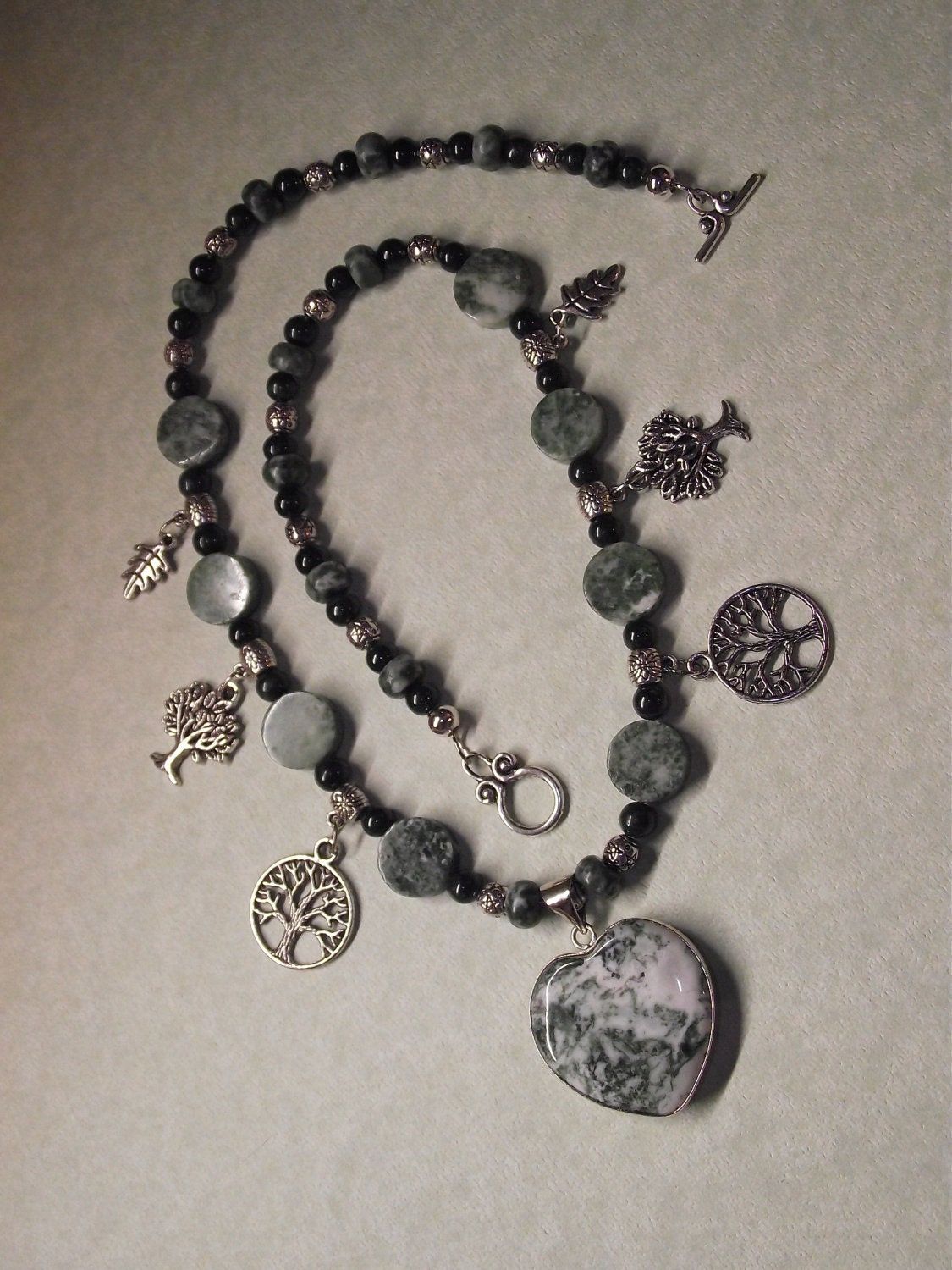 Tree Agate in 18K White Gold Pendant silver, malachite and Jasper Beaded Necklace