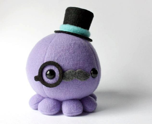 Moustache Octopus Plush w/ Top Hat and Monocle - Choose Colors