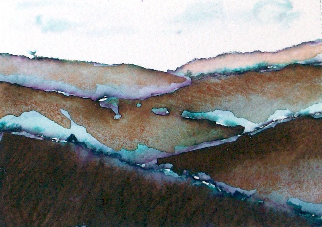 Brown, Blue, Landscape Painting, Original, Minimalist, Pen and Ink Wash  Painting,  Small format, ACEO, home decor