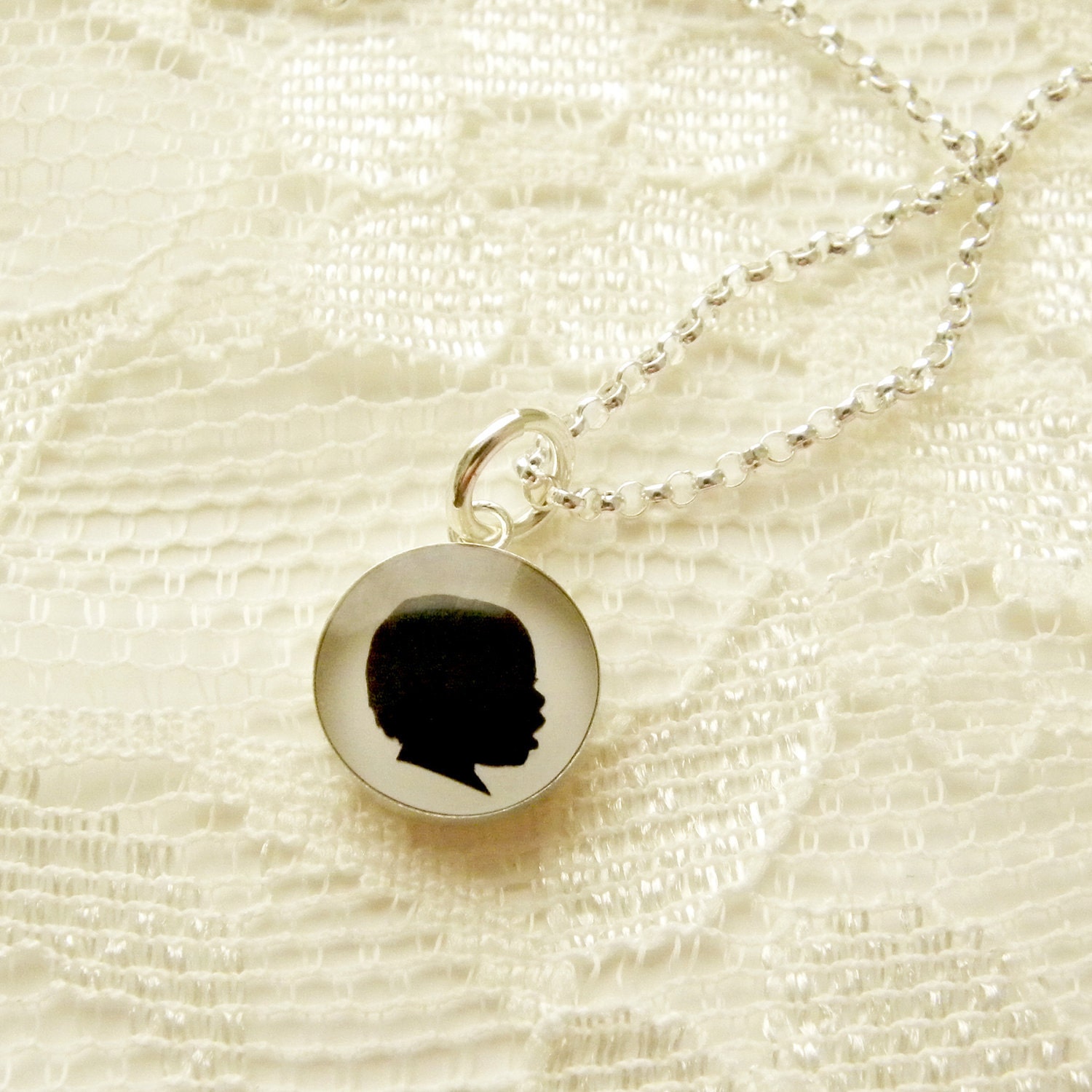 Mother's Day Custom Child Silhouette Sterling Silver Necklace with Tiny Size Pendant for Mother or Grandmother
