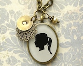Custom Silhouette Necklace with Oval Pendant, Initial Charm and Pearl Dangle for Mother or Grandmother