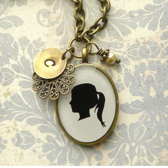 Custom Silhouette Necklace with Oval Pendant, Initial Charm and Pearl Dangle for Mother or Grandmother