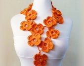 Crochet Flower Scarf - ORANGE - hand crocheted - lariat - Spring / Summer necklace scarf