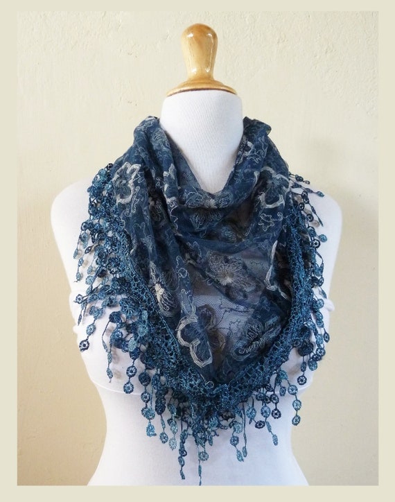 Womens scarf PETROL BLUE with floral embroidery and rich lace edge - scarflette shawl neckwarmer - Spring / Summer