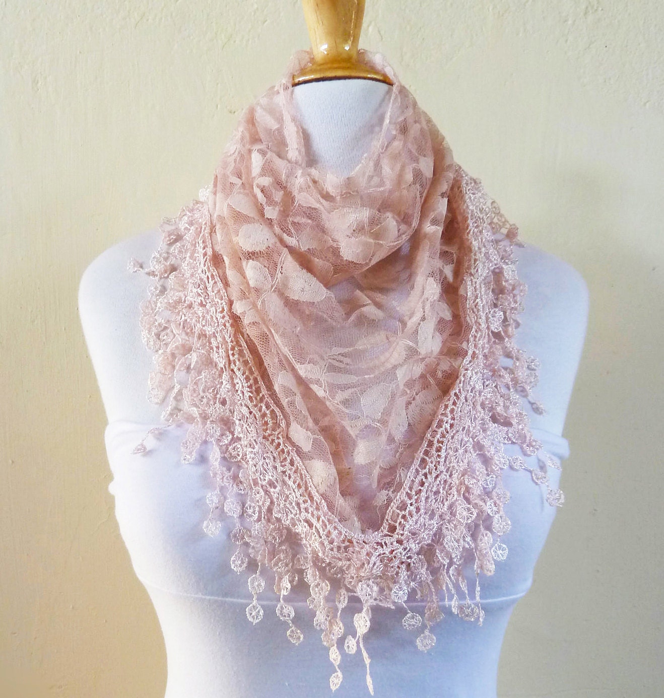 Womens scarf PEACH BEIGE with floral pattern and rich lace edge - scarflette shawl neckwarmer - Spring / Summer