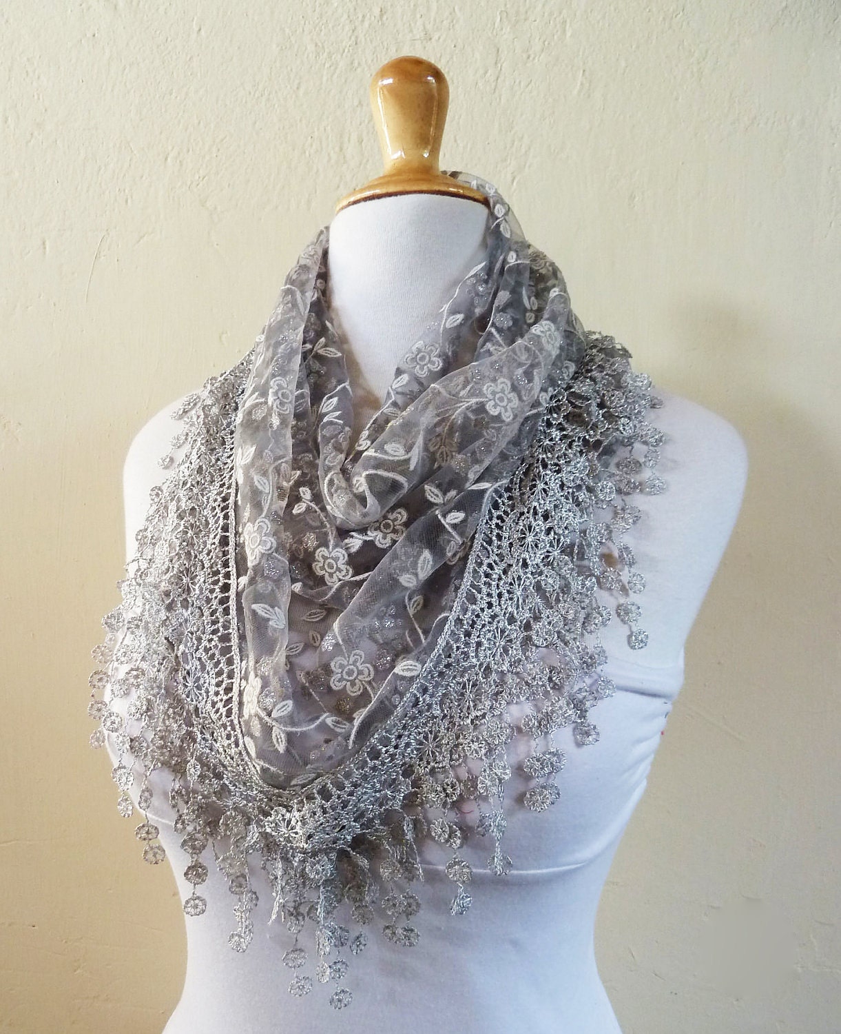 Scarf SILVER with floral print and rich lace edge - scarflette shawl neckwarmer - Spring / Summer