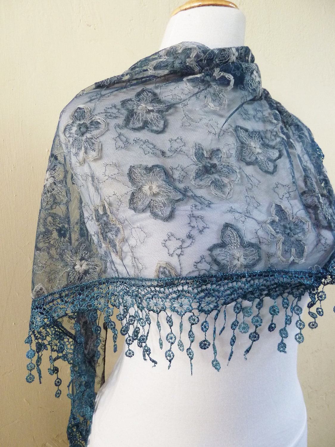 Womens scarf PETROL BLUE with floral embroidery and rich lace edge - scarflette shawl neckwarmer - Spring / Summer