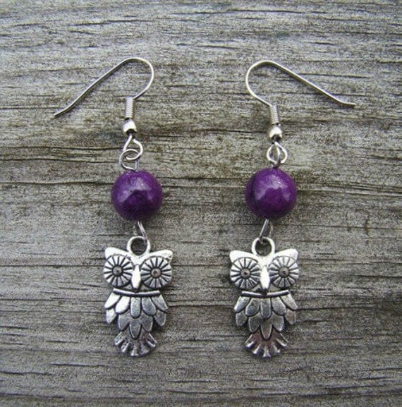 edgy owl - silver & purple bead earrings