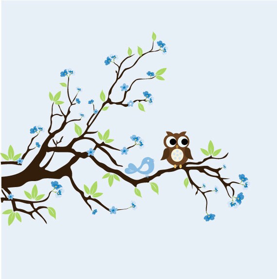 Baby Boys Wall Decals Nursery Branch Tree Decal with Flowers, Birds and Owl