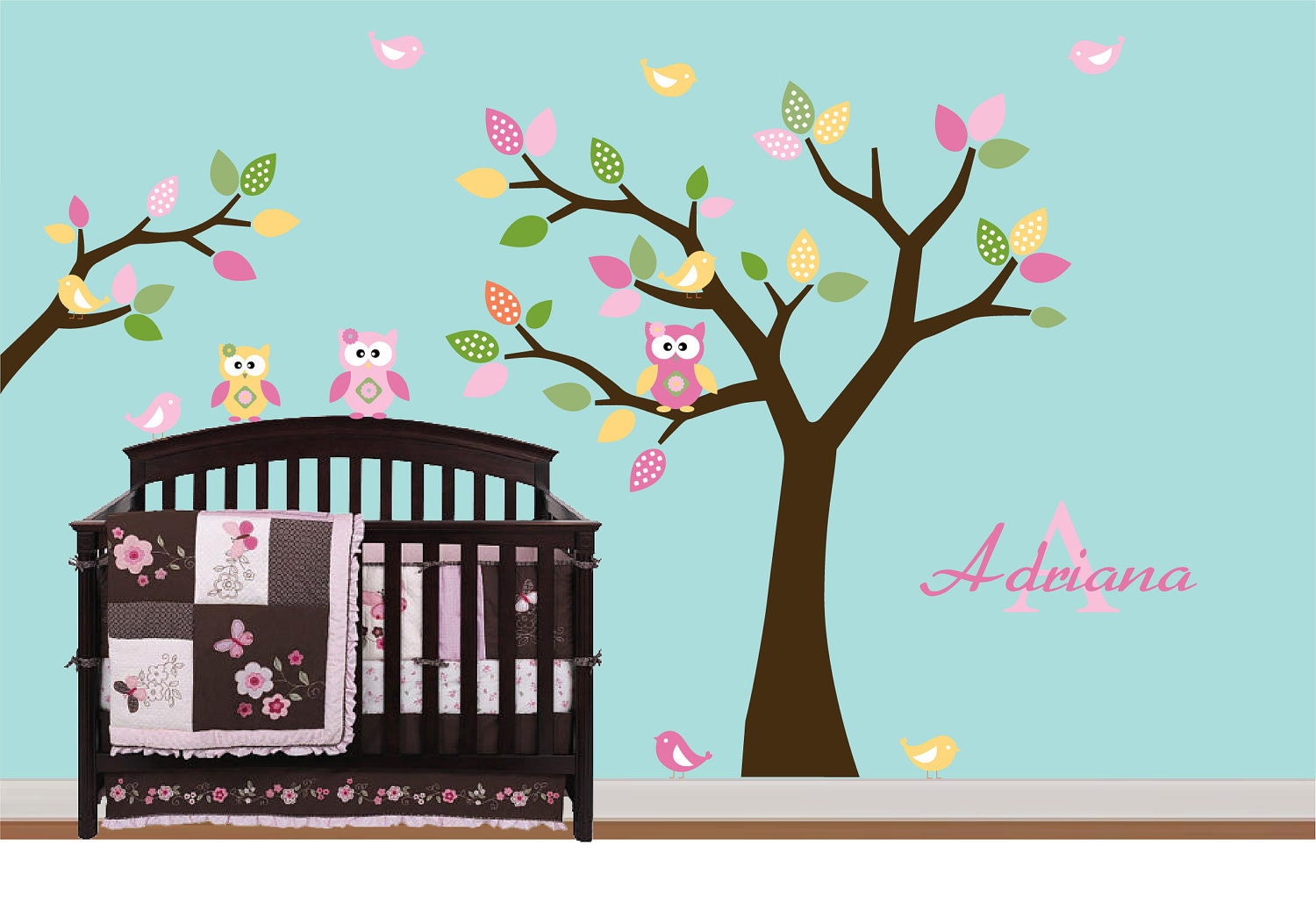 Baby Nursery Vinyl Wall Tree and Branch Decal Set with Custom Name Monogram, Owls,Birds