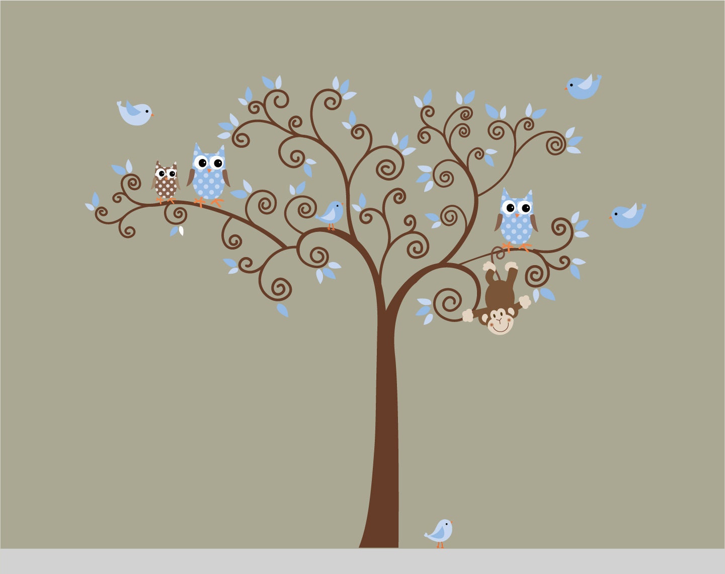 Children Wall Decals Nursery Safari Tree Decal with Owls, Birds, Monkey.