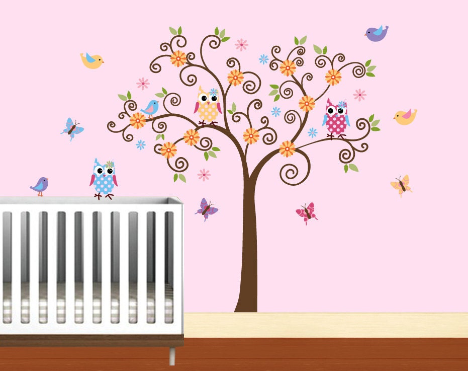 Childrens Wall Decals Tree with Pattern Owls and Birds-Kids Baby Wall Vinyl Decal with Butterflies