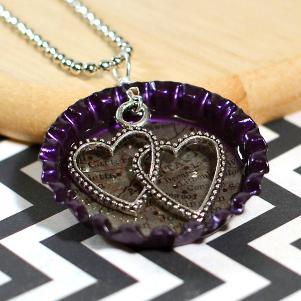 ATLANTA  - Destination: LOVE Personalized Map Resin Bottle Cap Pendant (Purple), Double Hearts Dangle Charm - Long Distance Relationship